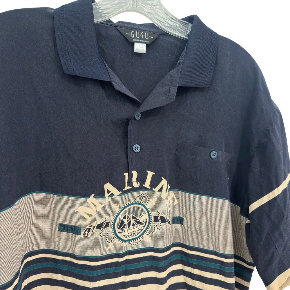 Vintage 90s 100% Silk Polo Shirt Mens L Navy Nautical Marine Stripe Graphic